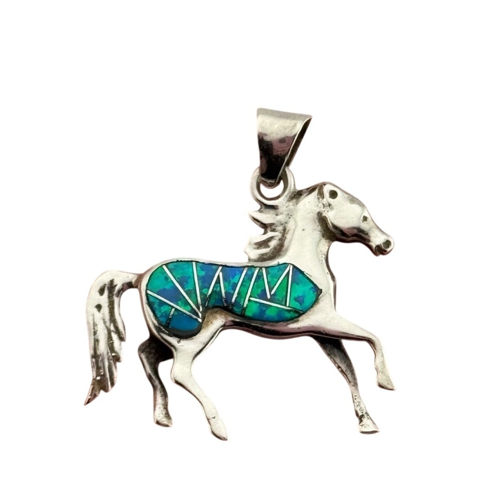 Sterling Silver Inlaid Lab Opal Horse Pendant‎ Reversible